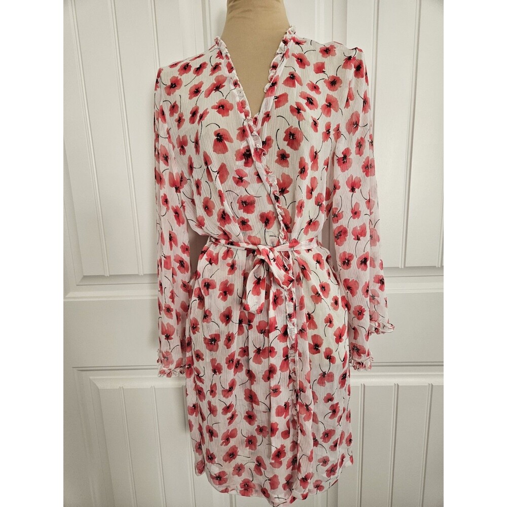 Oscar De La Renta Pink Label Chiffon Floral Robe Sz L Sheer Ruffles Feminine